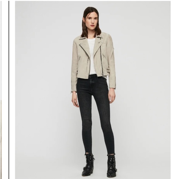 Allsaints Tan Prescott Suede Biker Leather Moto Jacket in Dove Grey, 4 S - Picture 2 of 9